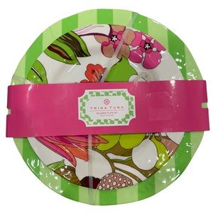 NWT Trina Turk 2 Piece Dinner & Salad Plate Set Malamine Floral Green Stripes
